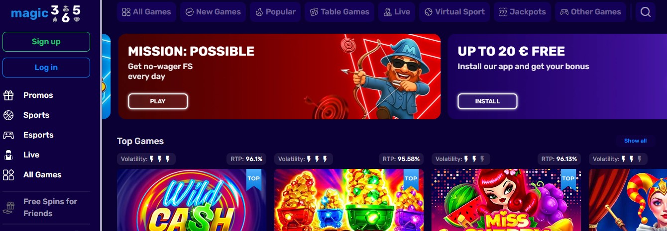 Magic365 welcome banner advertising 60 spins with no deposit needed